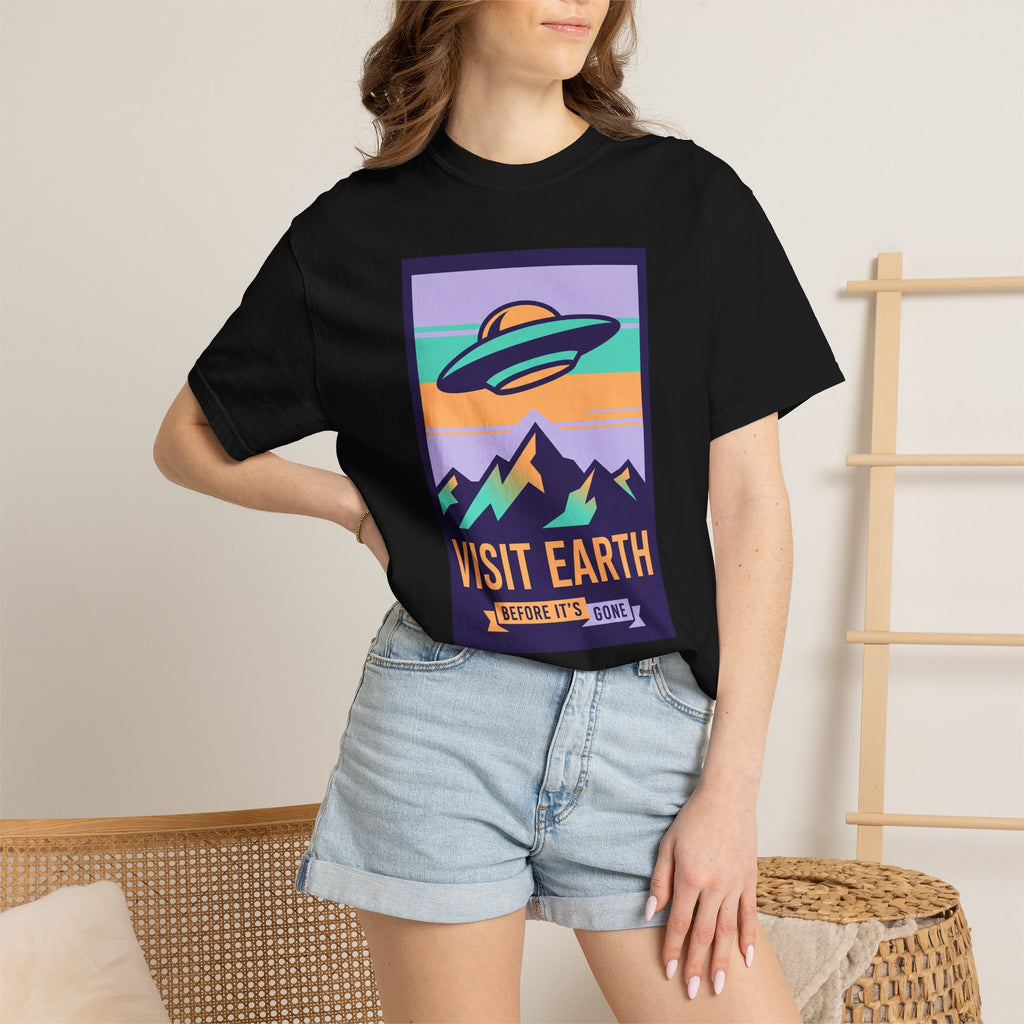 Black crewneck T-shirt with UFO 'Visit Earth' graphic on front