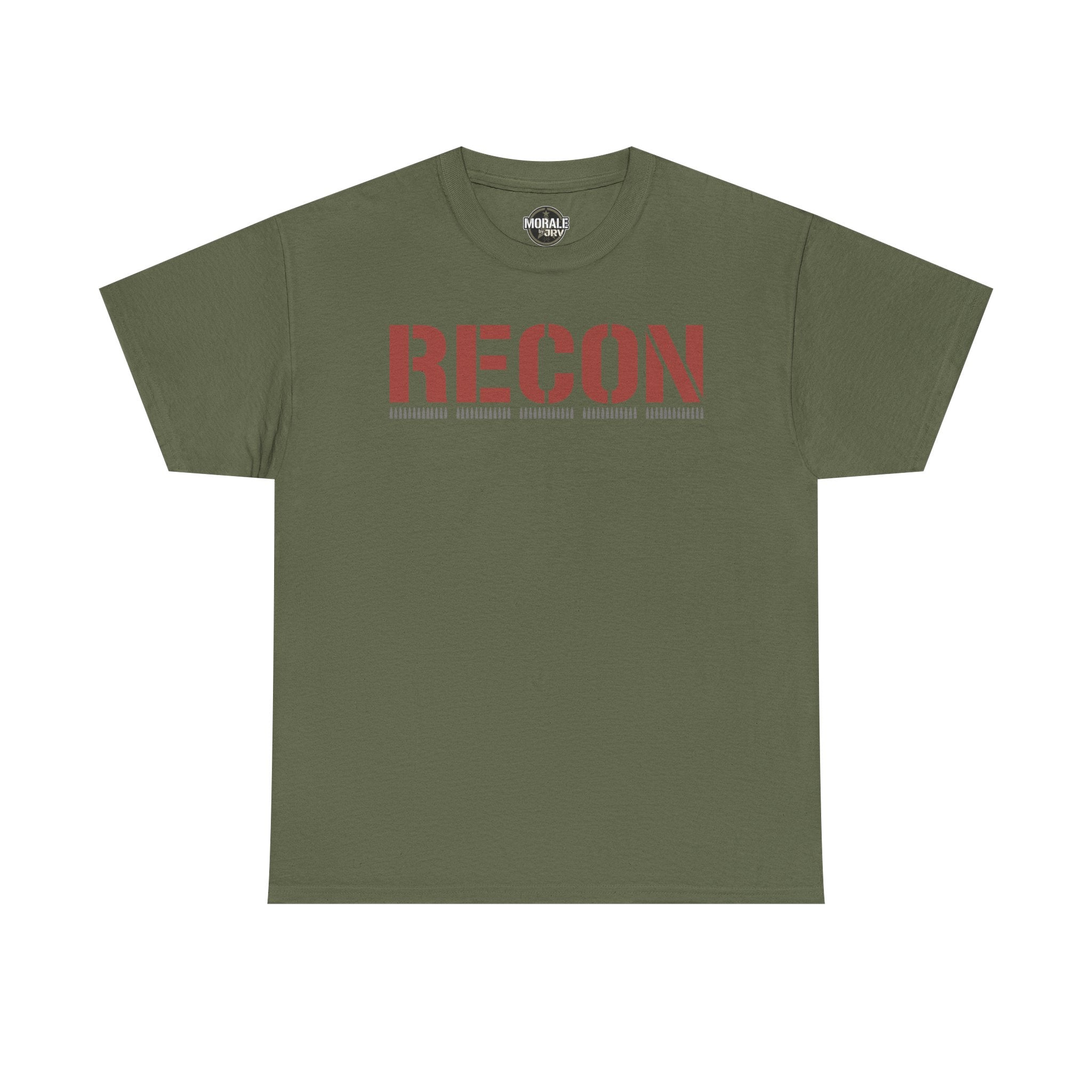 Olive green unisex graphic T-shirt with large 'RECON' stencil logo on chest