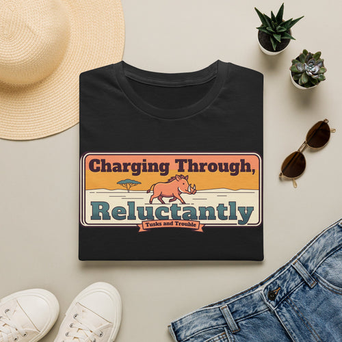 Black short-sleeve T-shirt with “Charging Through… Reluctantly” pig graphic