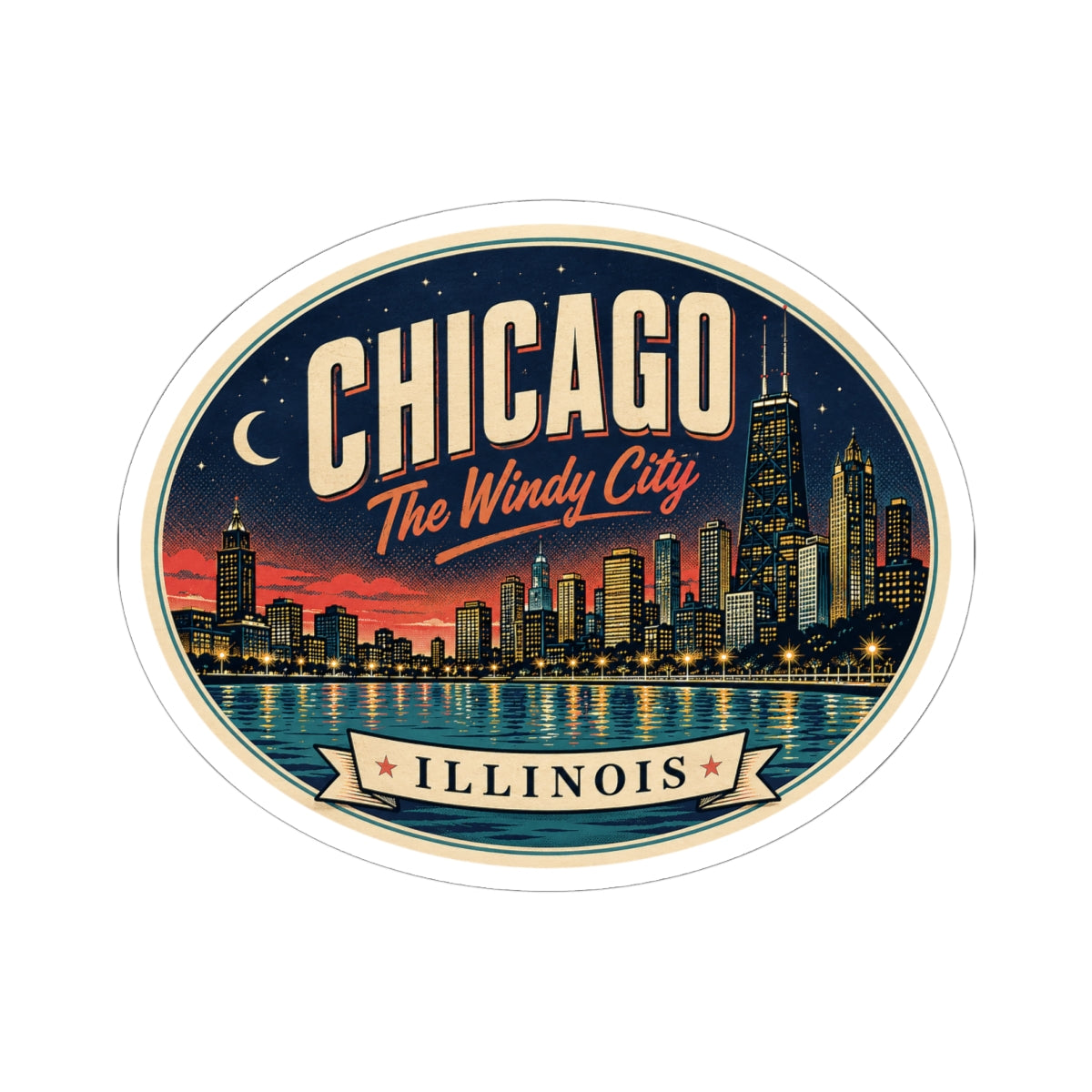 Round Chicago Illinois luggage tag sticker with Windy City skyline and banner text