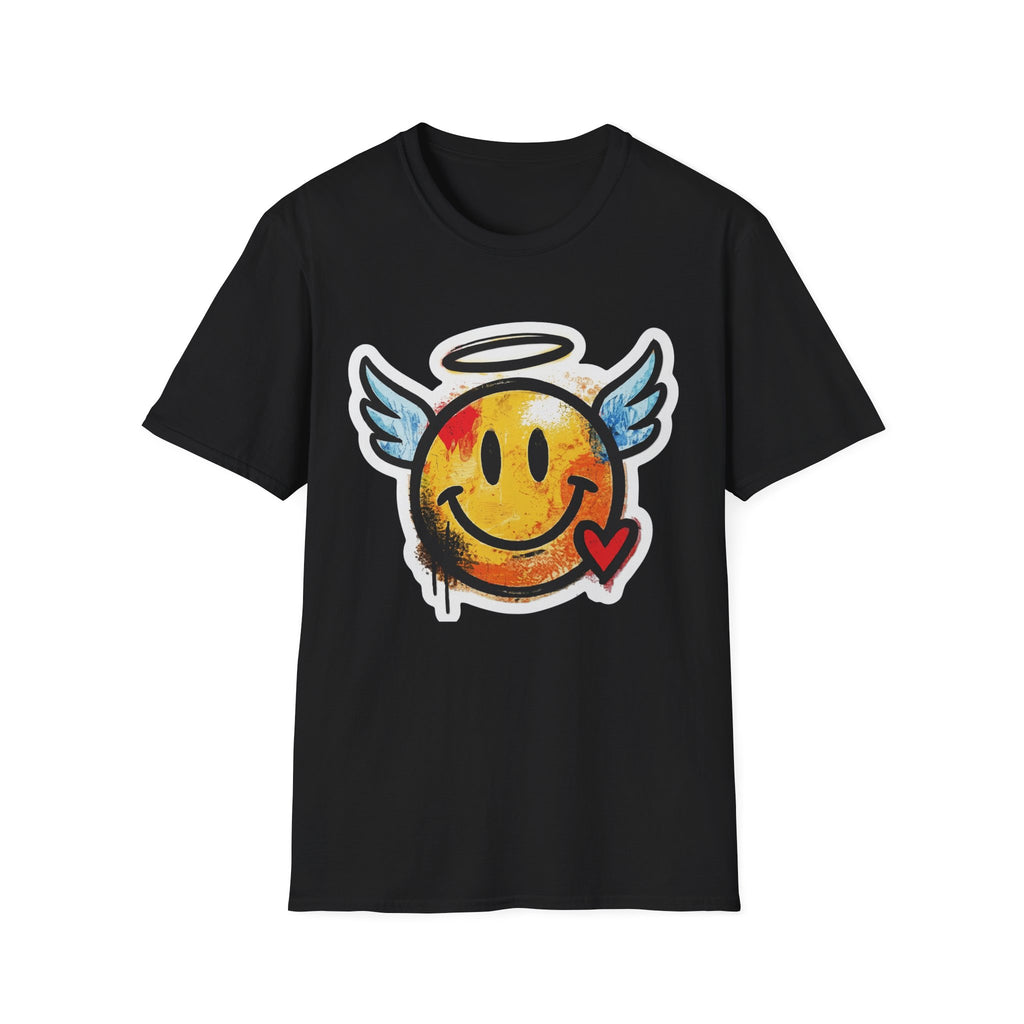 Graffiti Angel Smiley T-Shirt (Black): Smiley mit Engelsflügeln und Herzdruck