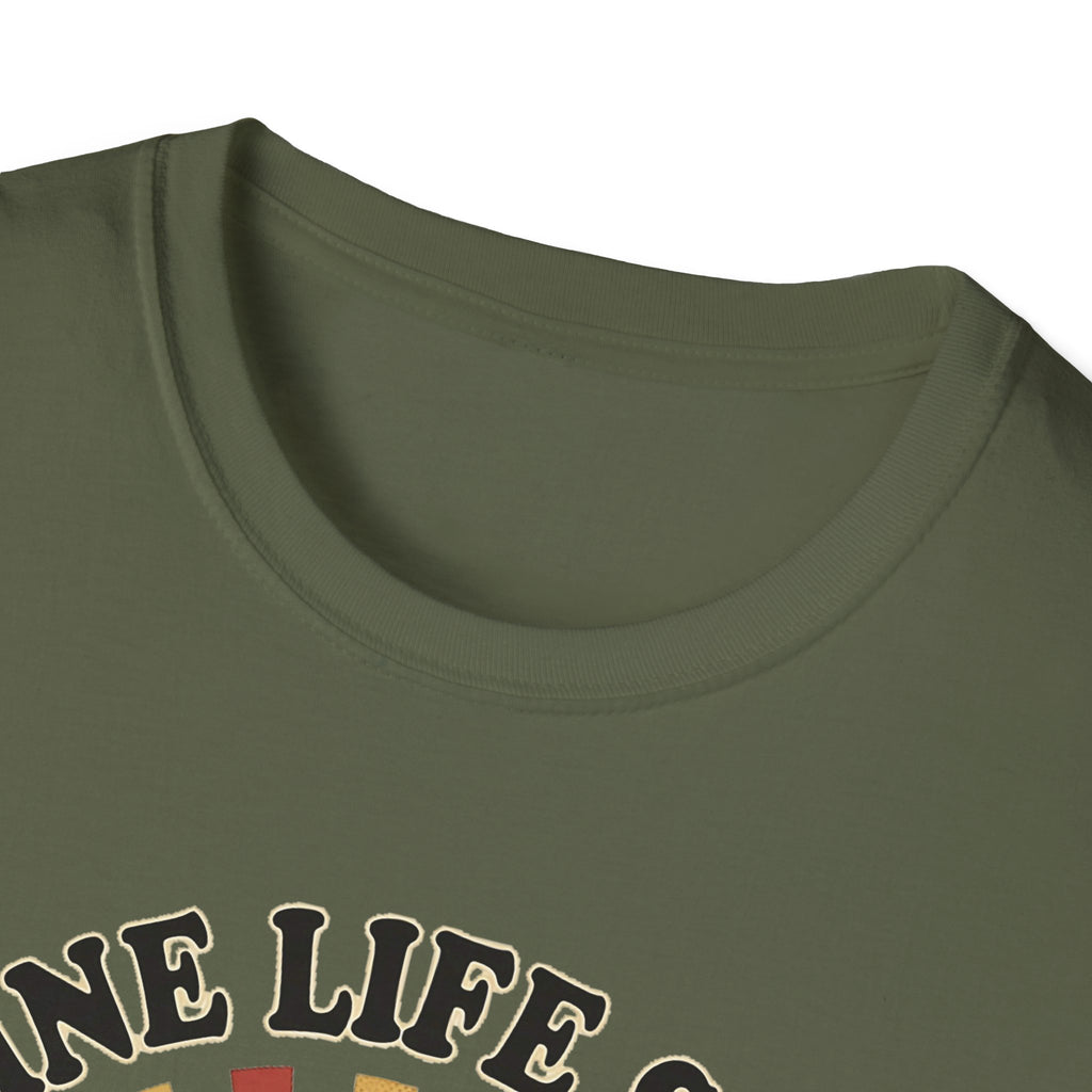 Caffeine Life Support T-Shirt in Military Green, crew neckline close-up