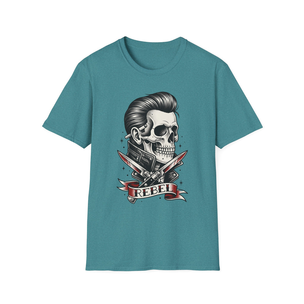 Rockabilly Rebel skeleton T-shirt, teal; pompadour skull with crossed razors graphic