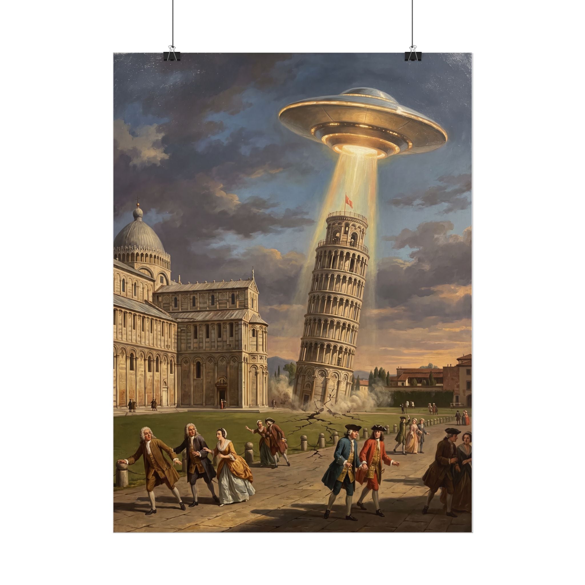 Hanging poster with glowing UFO hovering over Leaning Tower and crowd on plaza