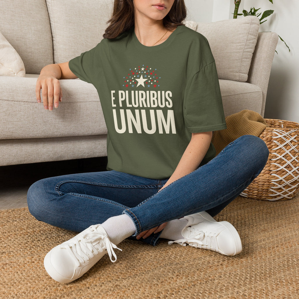 Military green T-shirt with star and "E PLURIBUS UNUM" graphic