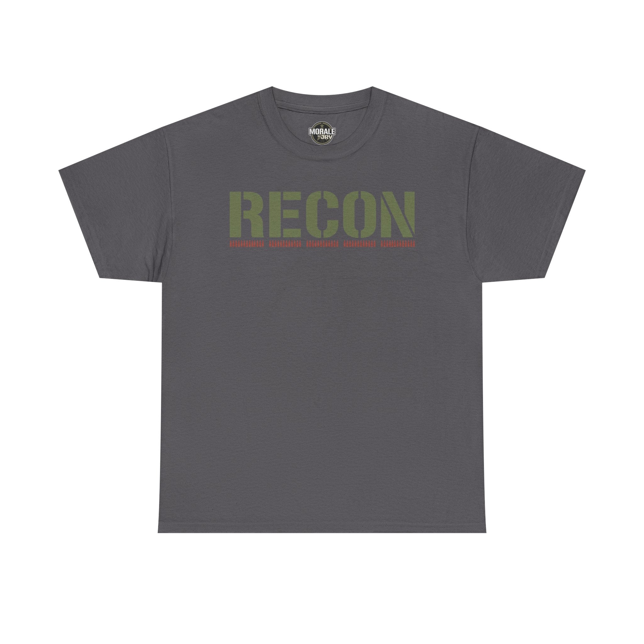 Dark gray T-shirt with RECON stencil graphic and green camo-style lettering