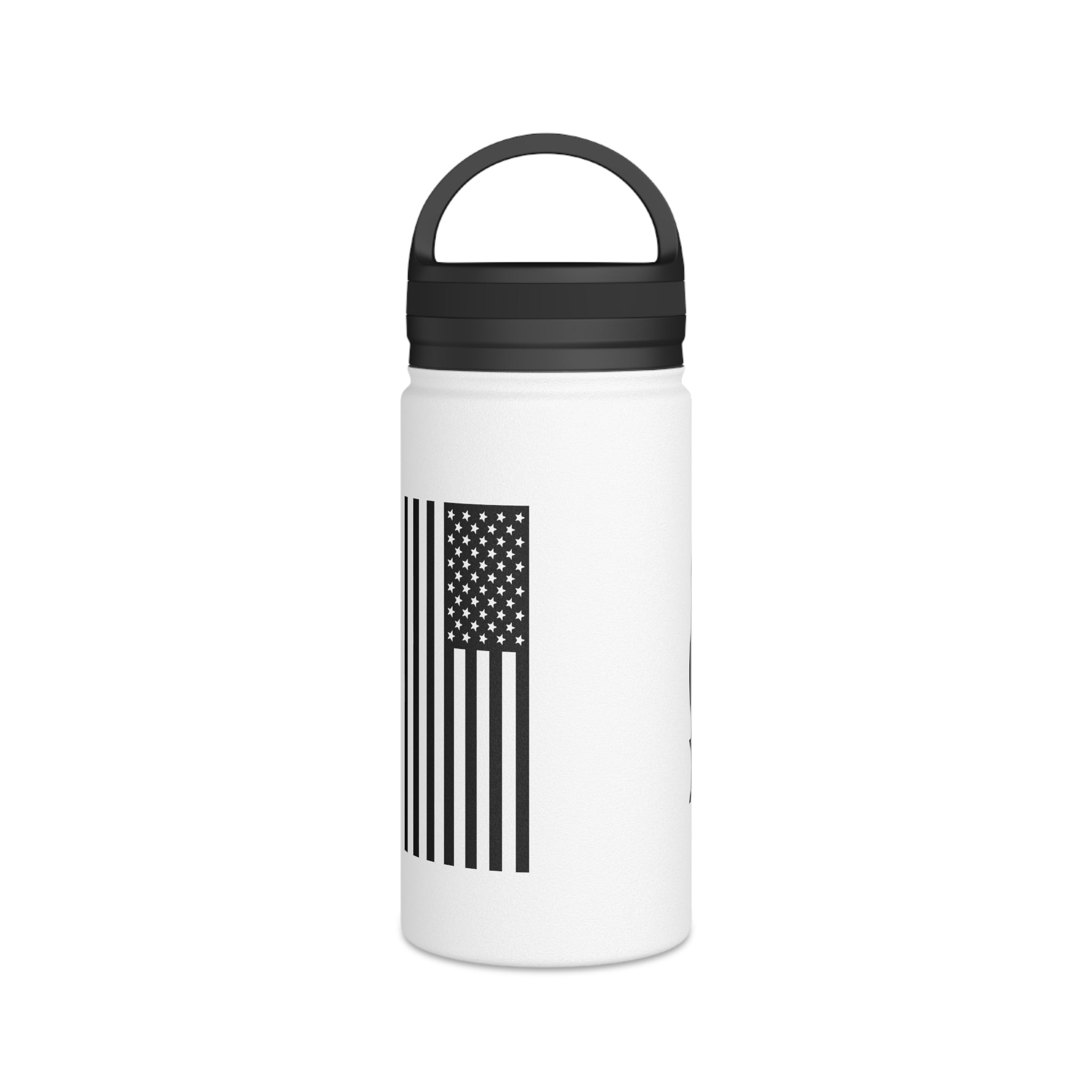 White stainless steel water bottle with black carry handle and American flag stripe graphic