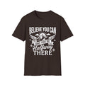 Dark Chocolate t-shirt with “Believe You Can” mountain hiking quote graphic on front