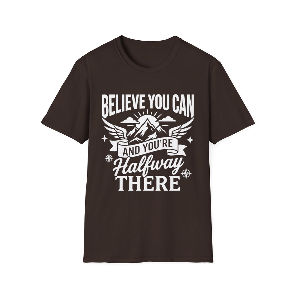 Dark chocolate T-shirt with “Believe You Can” mountain-and-wings typography print