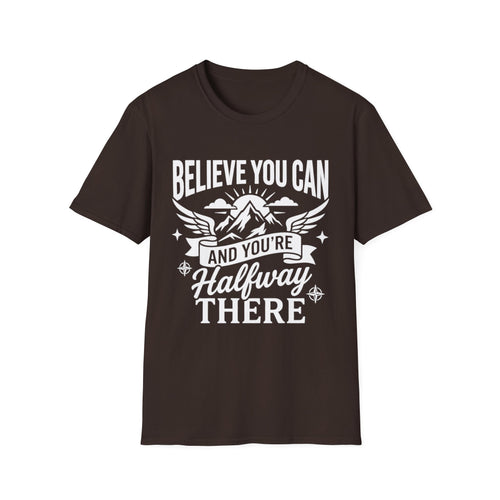 Dark chocolate T-shirt with “Believe You Can” mountain-and-wings typography print