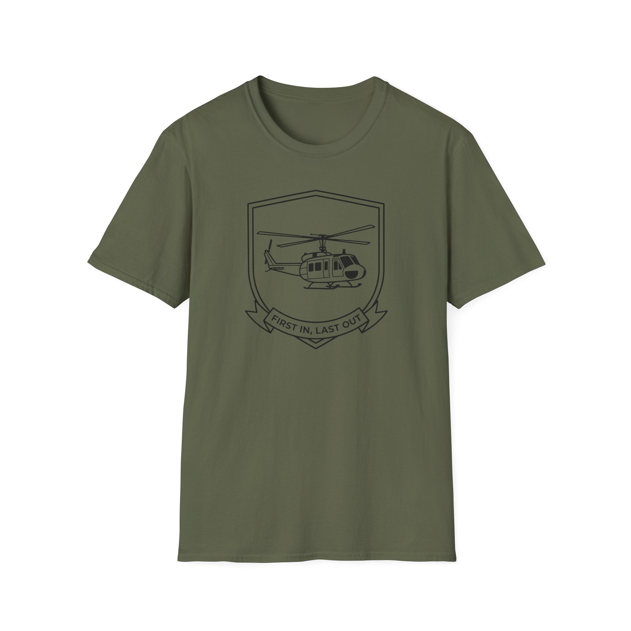 Military green T-shirt with dark helicopter badge graphic and ribbon “First In, Last Out”.