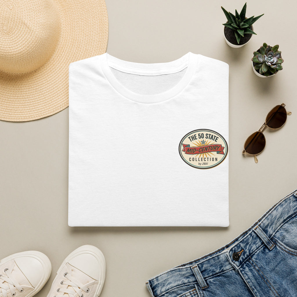 White short-sleeve T-shirt with circular chest logo patch, laid flat