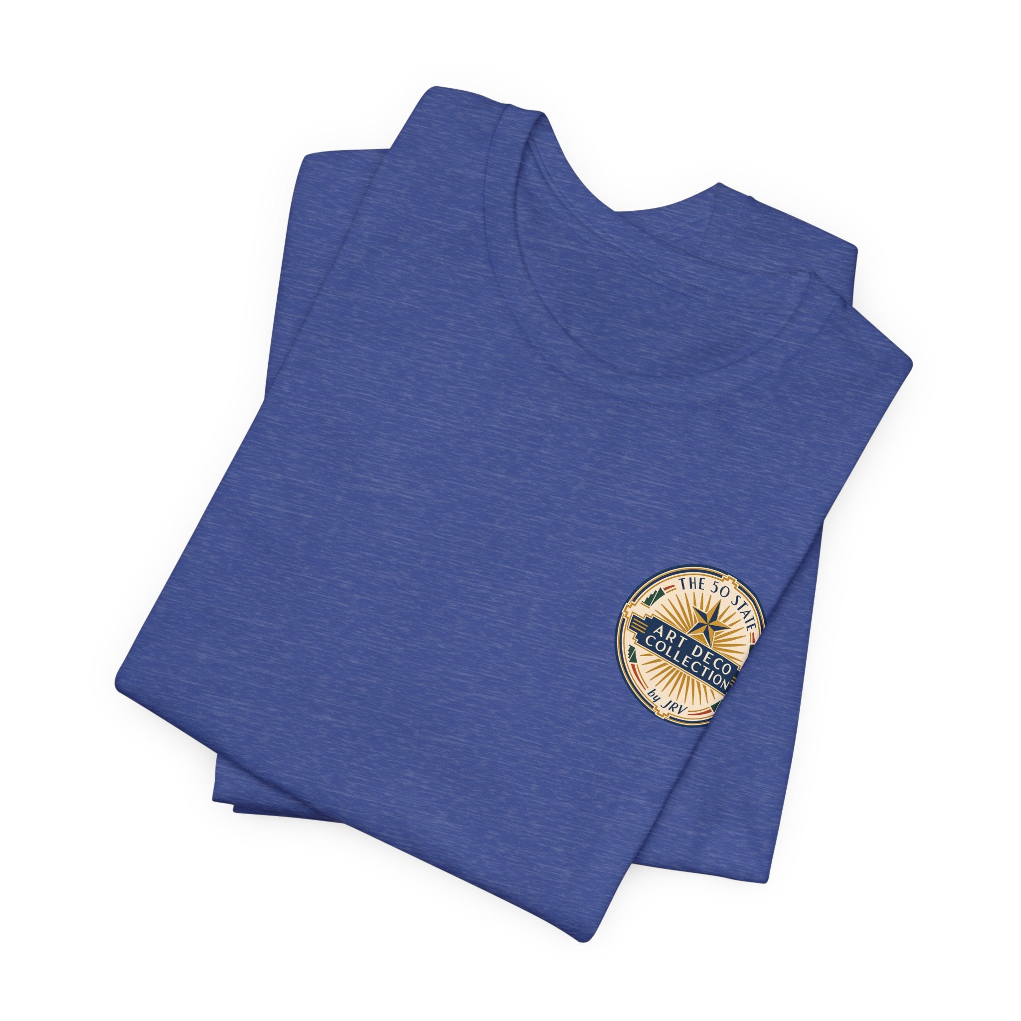 Blue heather T-shirt with round chest logo badge, folded pair