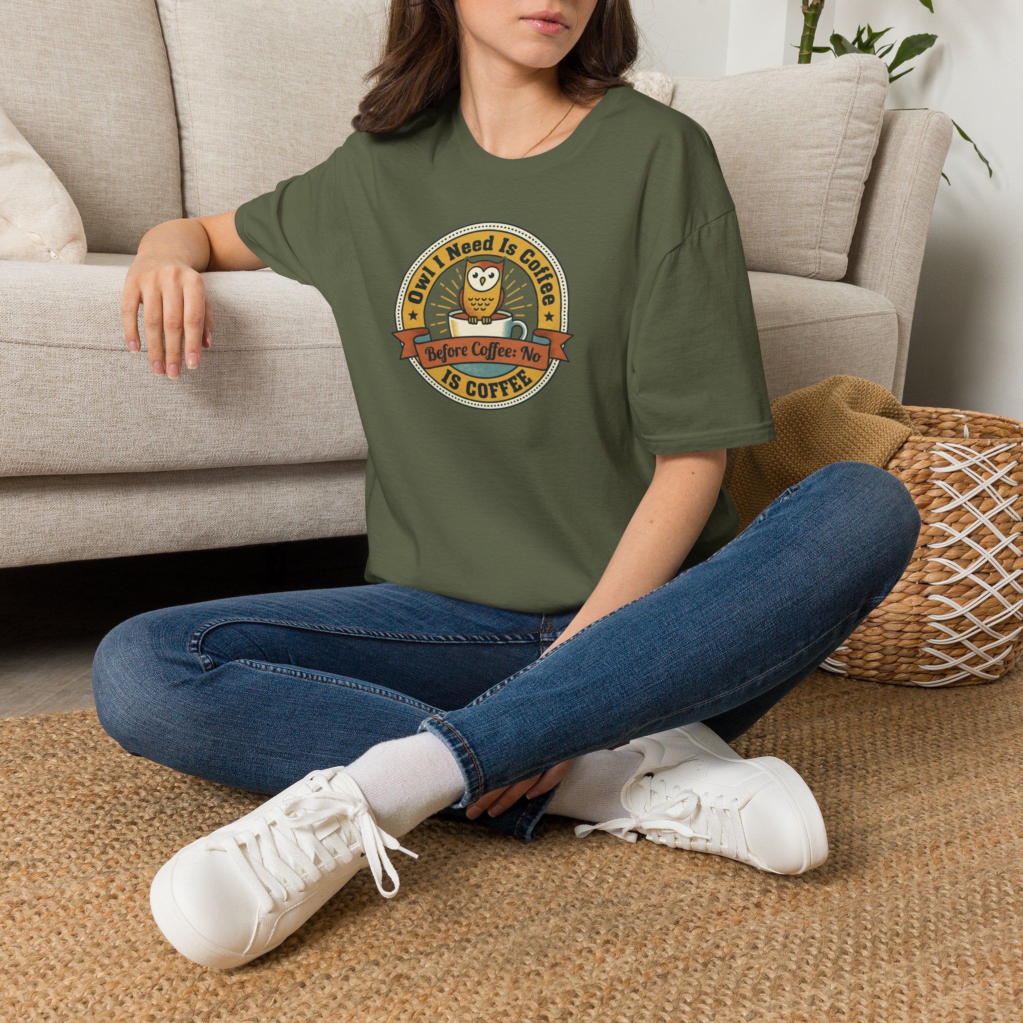 Owl I Need Is Coffee T-Shirt | Cute Coffee Owl Vintage Badge