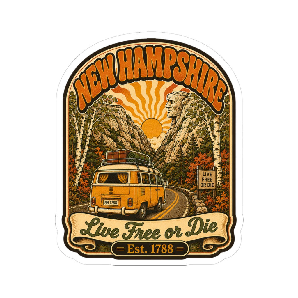 Kiss-cut New Hampshire camper van sticker with evergreen trees, sunrise, and “Live Free or Die”