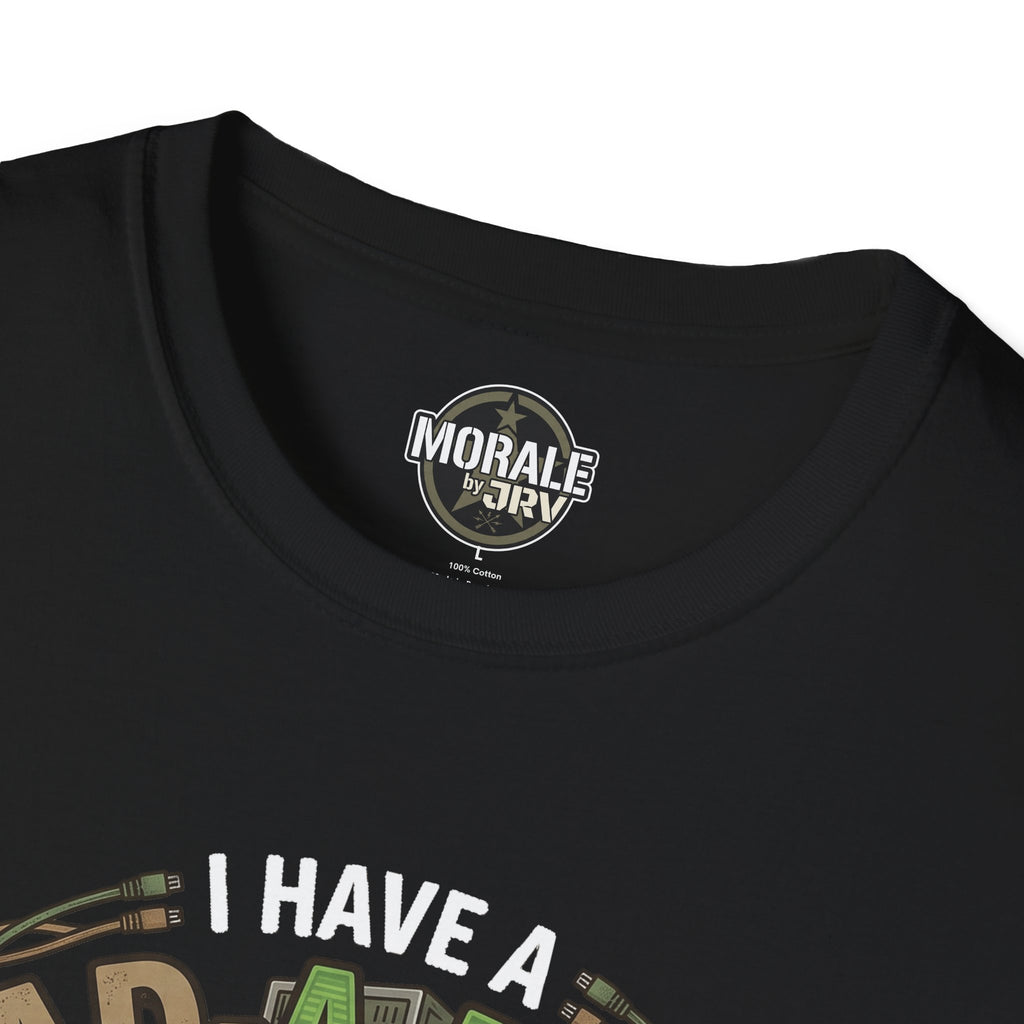 Black T-shirt neckline with small logo and partial slogan print