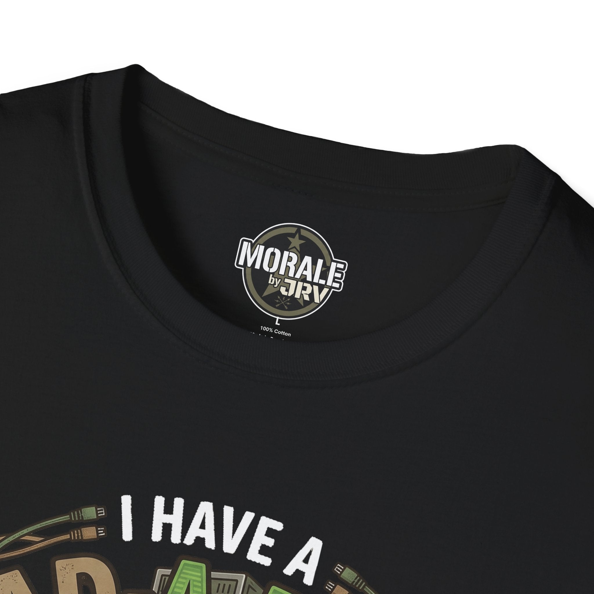 Black T-shirt neckline with small logo and partial slogan print