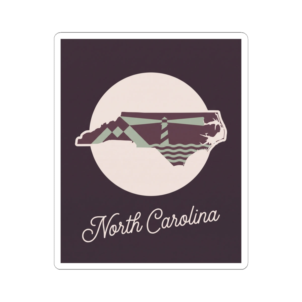 North Carolina state silhouette kiss-cut decal sticker, dark purple background with “North Carolina”