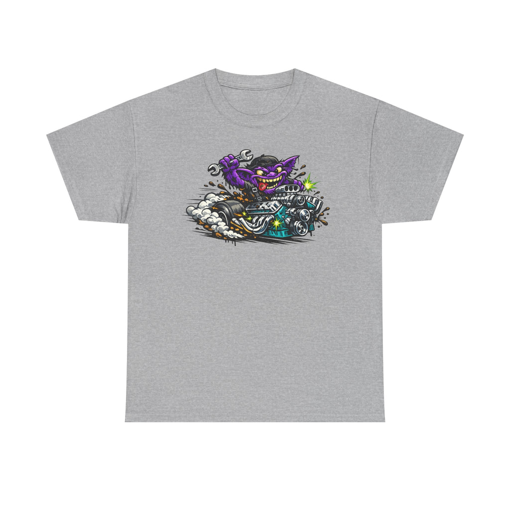 Purple Grinning Cat Biker Tee | Retro Cartoon Motorcycle Graphic T-Shirt, Unisex Streetwear Gift