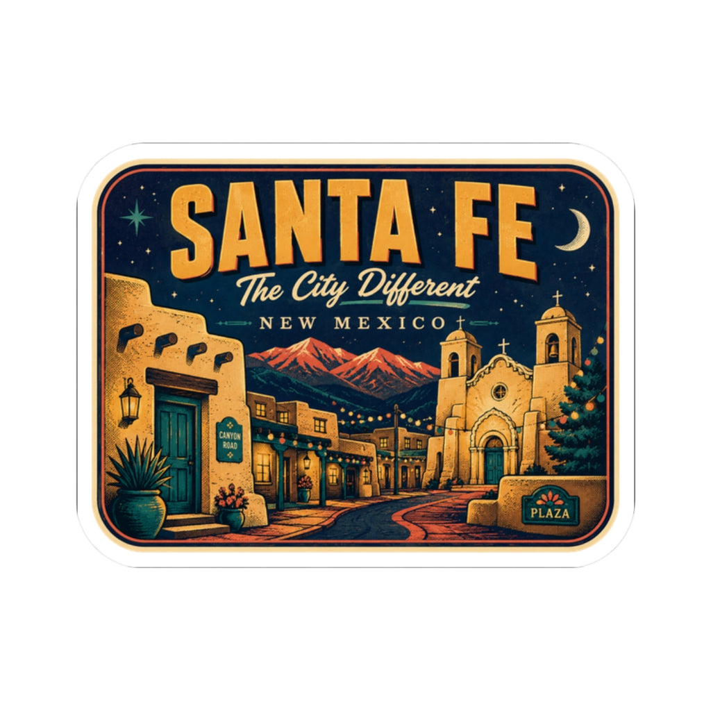 Santa Fe luggage tag sticker, rectangular decal with plaza building, road, and “Santa Fe” lettering.