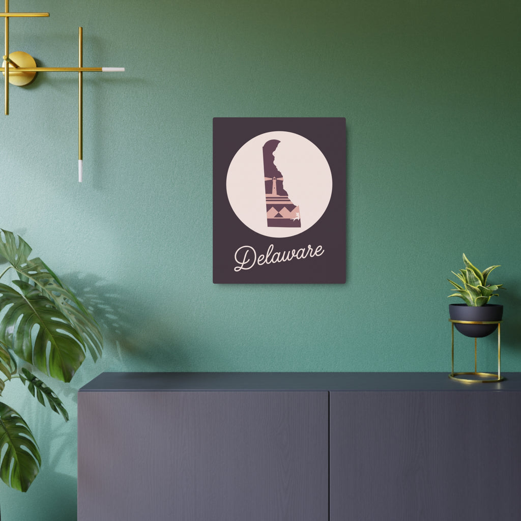 Geometric Delaware wall art metal sign with mauve square, light circle emblem and 'Delaware' script