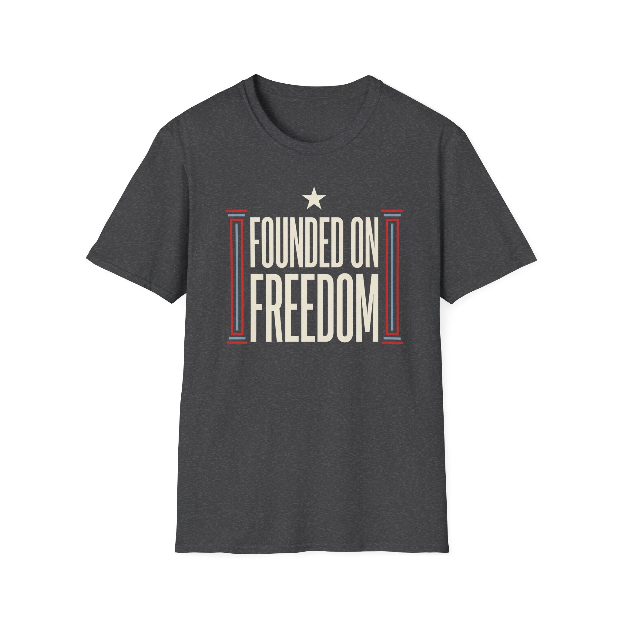 Charcoal gray crewneck T-shirt with star and freedom text graphic